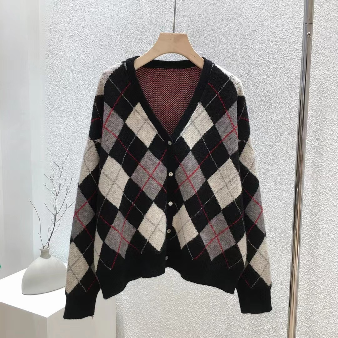 配色コントラストVネックニットカーディガン otoh1362