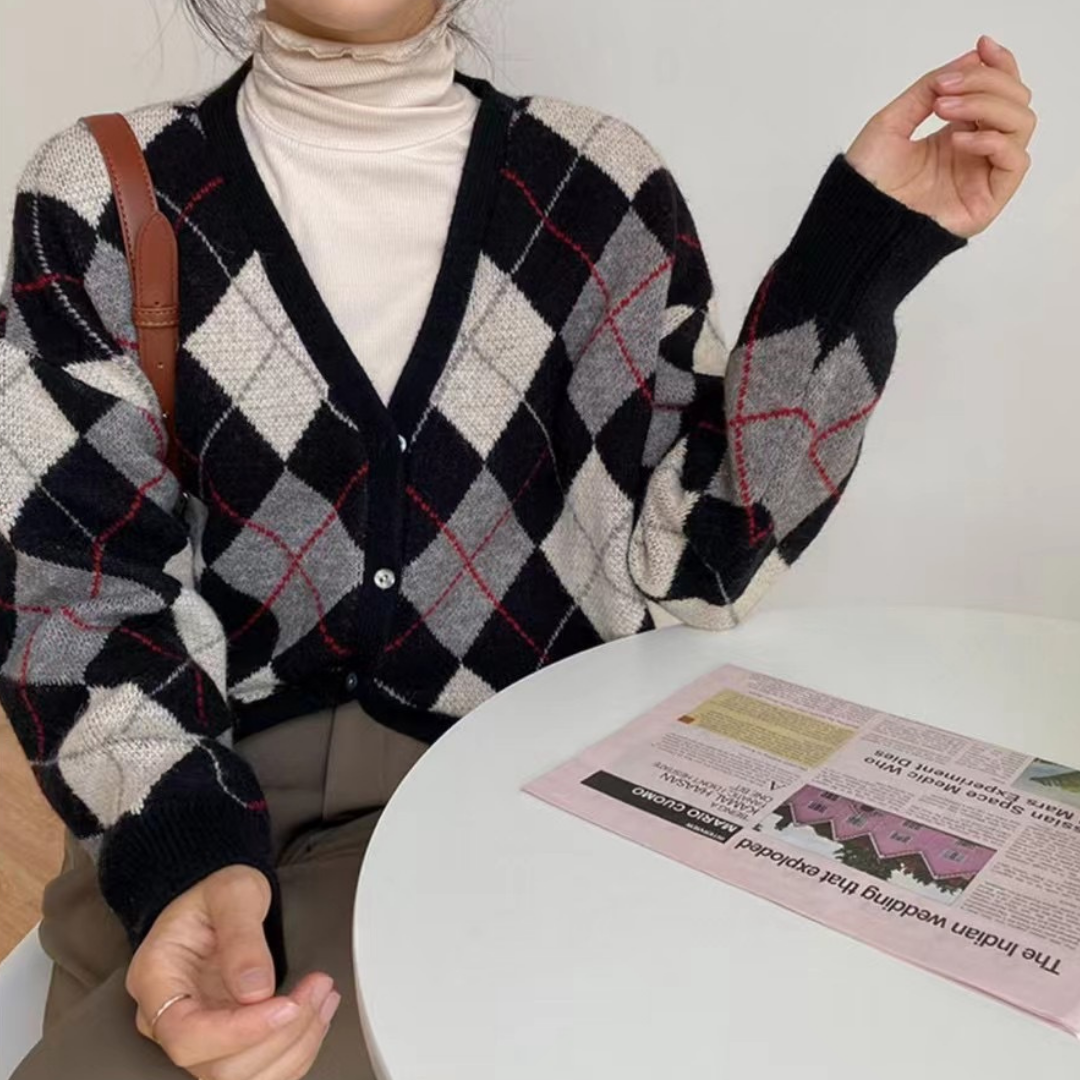 配色コントラストVネックニットカーディガン otoh1362